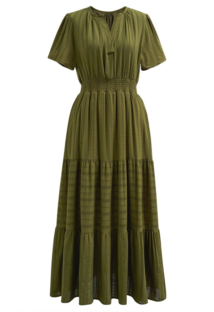 Notch Neckline Floret Eyelet Shirred Cotton Dress in Olive