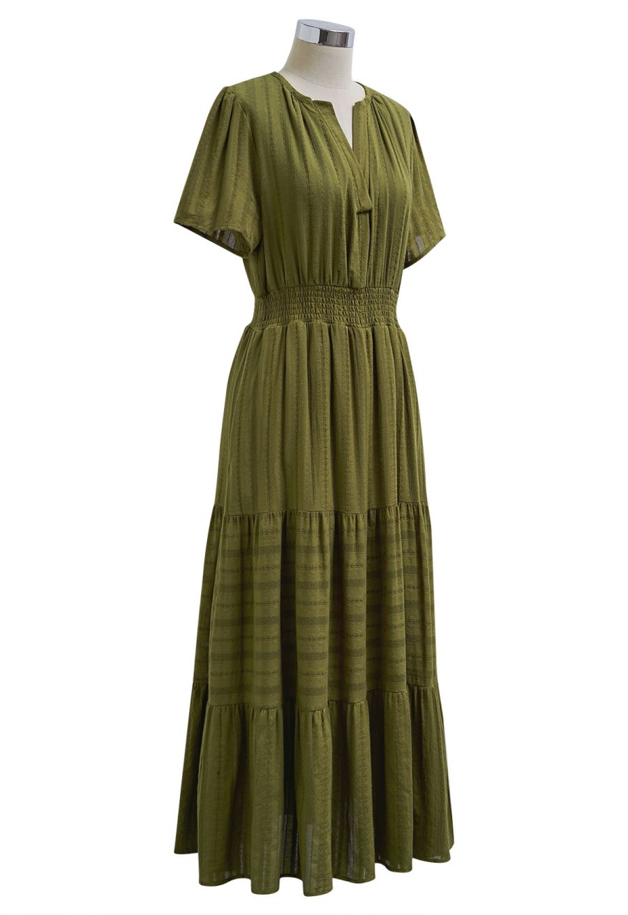 Notch Neckline Floret Eyelet Shirred Cotton Dress in Olive