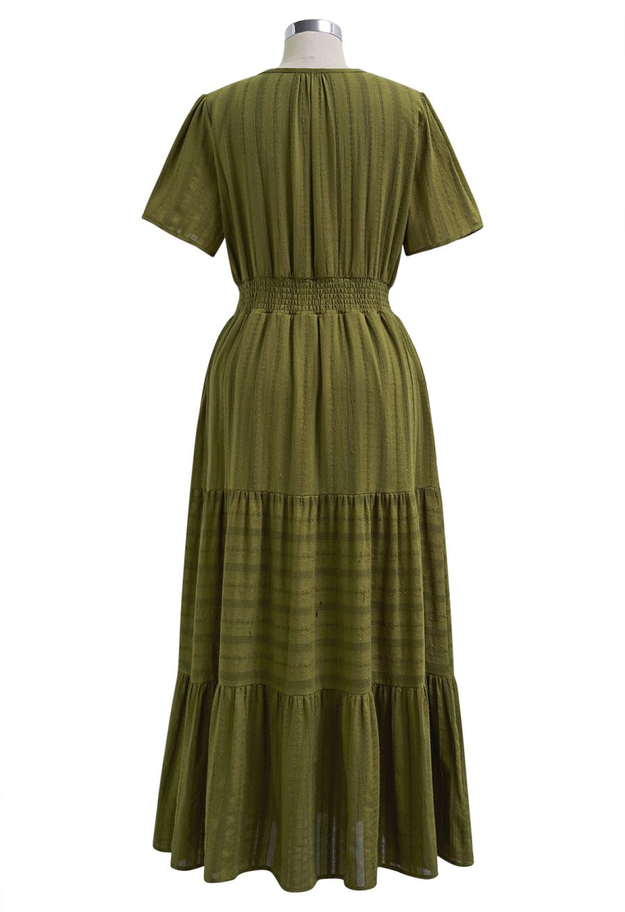 Notch Neckline Floret Eyelet Shirred Cotton Dress in Olive