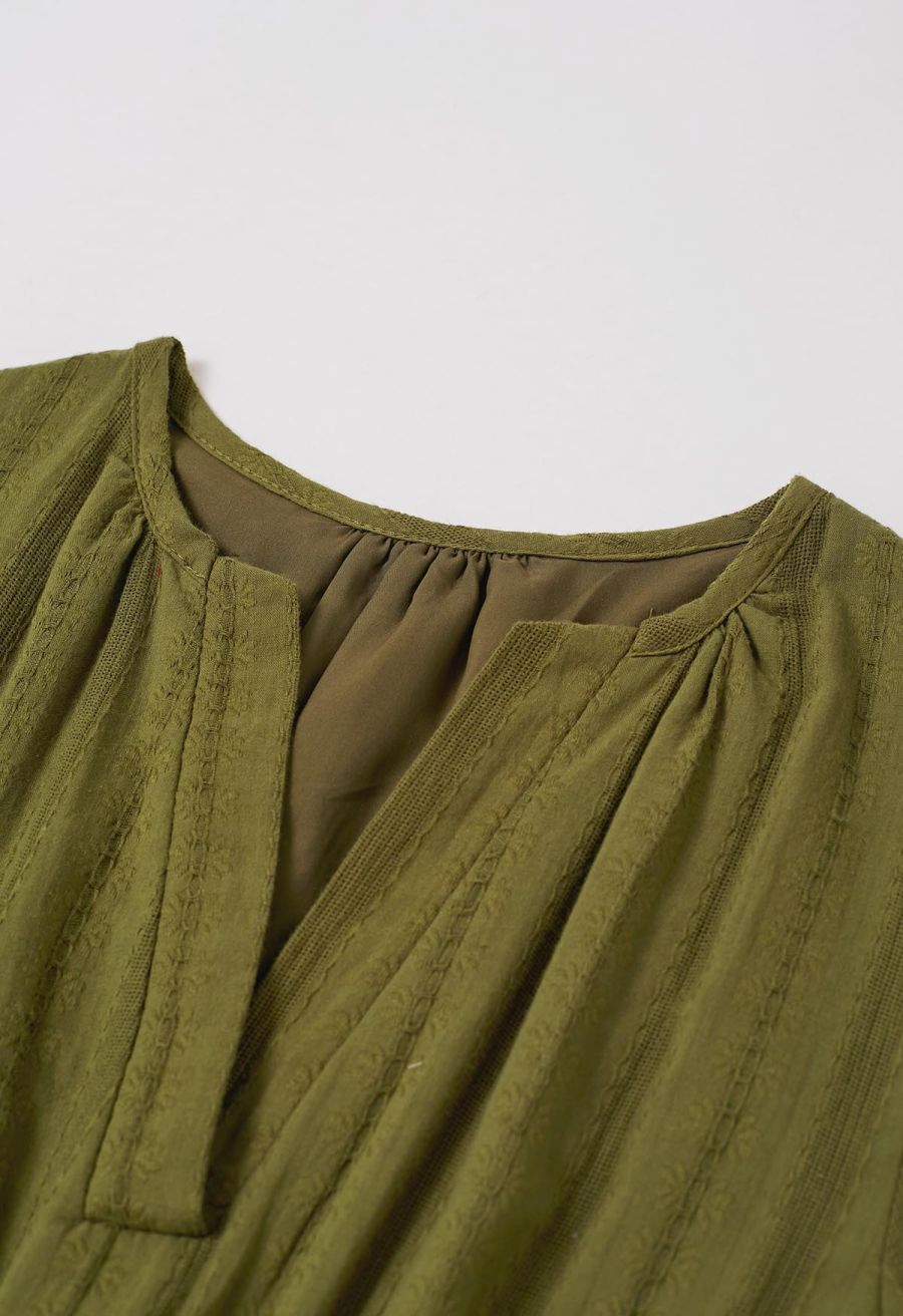 Notch Neckline Floret Eyelet Shirred Cotton Dress in Olive