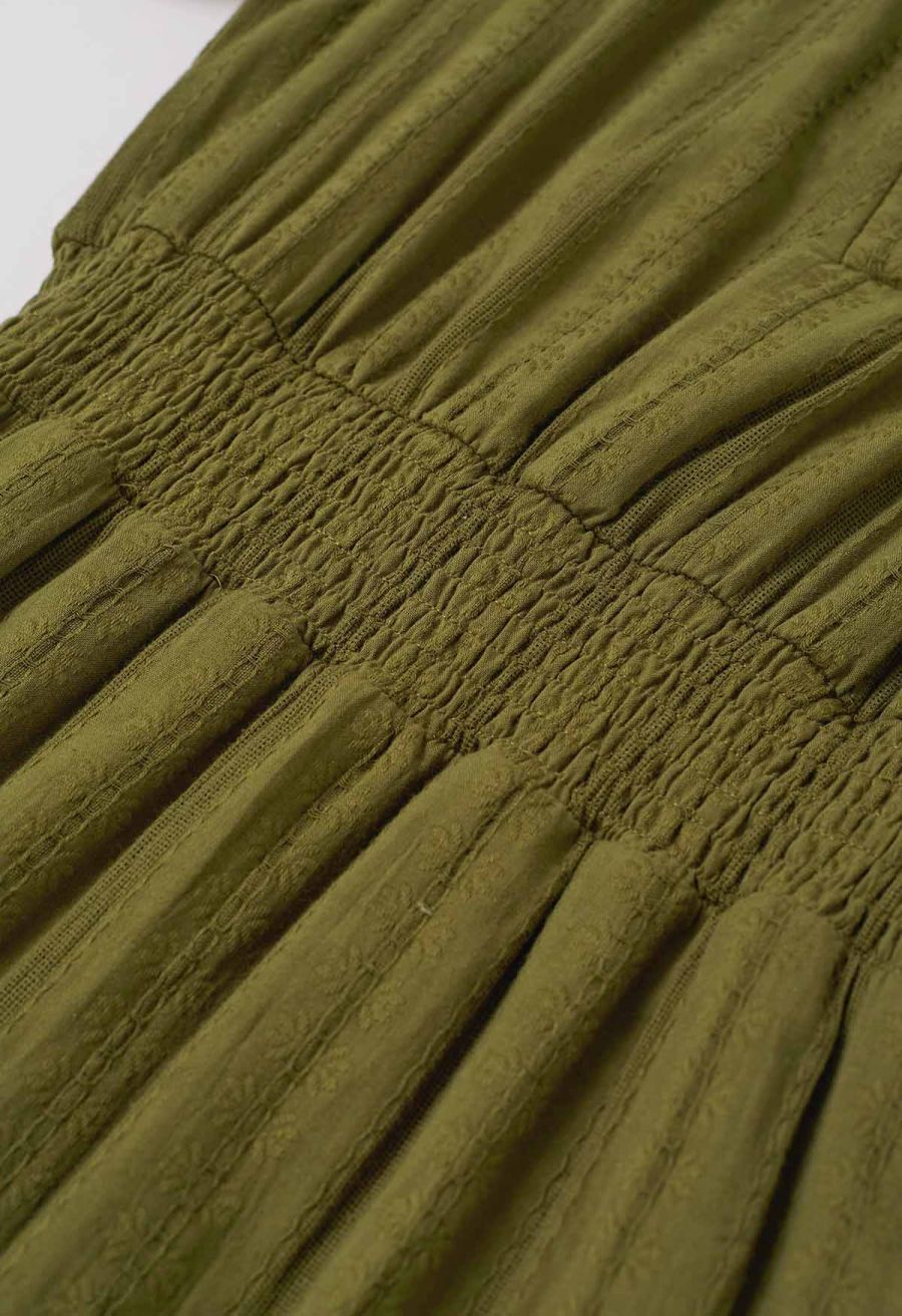 Notch Neckline Floret Eyelet Shirred Cotton Dress in Olive