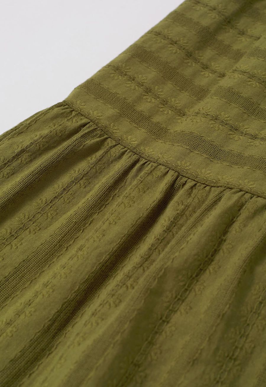 Notch Neckline Floret Eyelet Shirred Cotton Dress in Olive