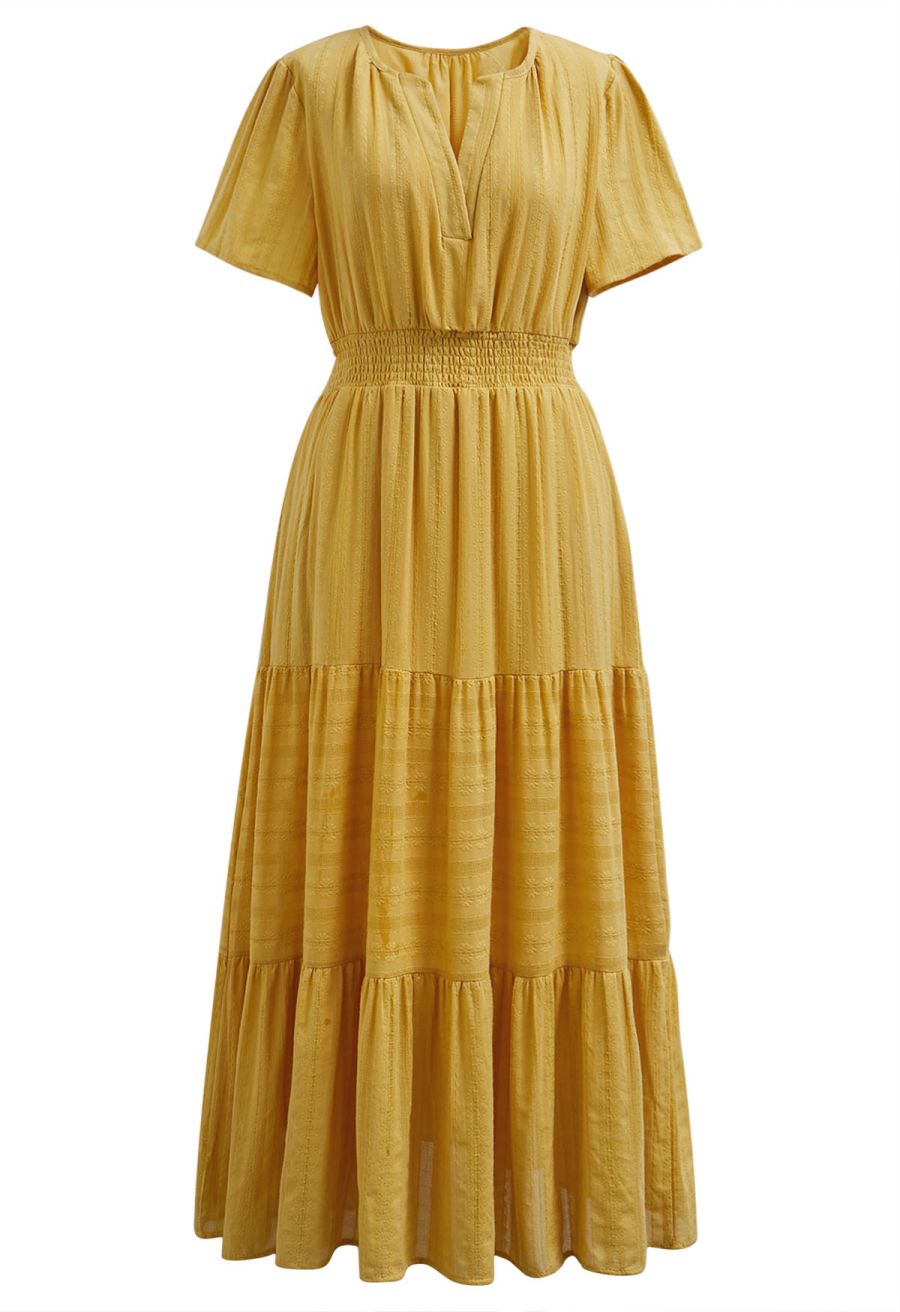 Notch Neckline Floret Eyelet Shirred Cotton Dress in Mustard