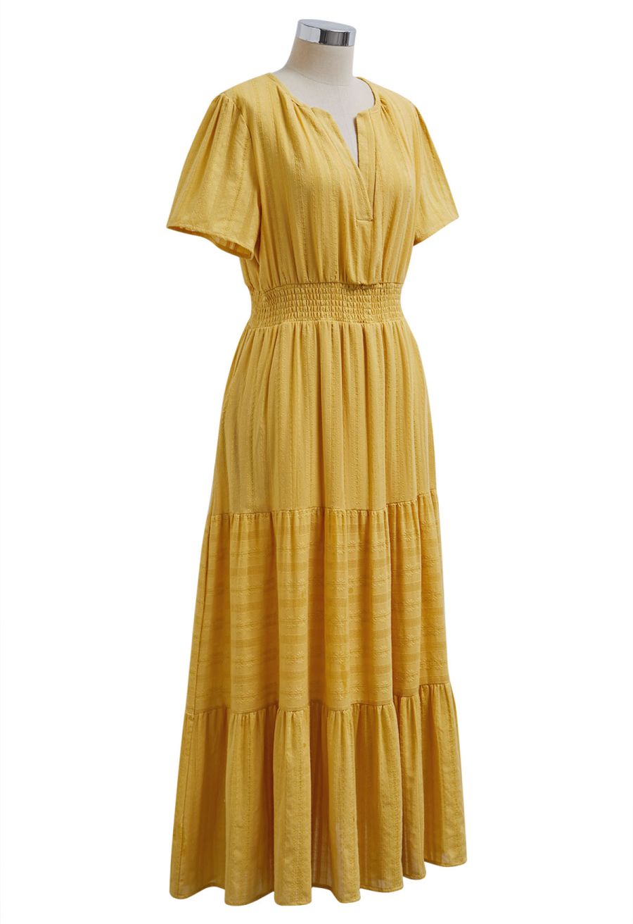 Notch Neckline Floret Eyelet Shirred Cotton Dress in Mustard