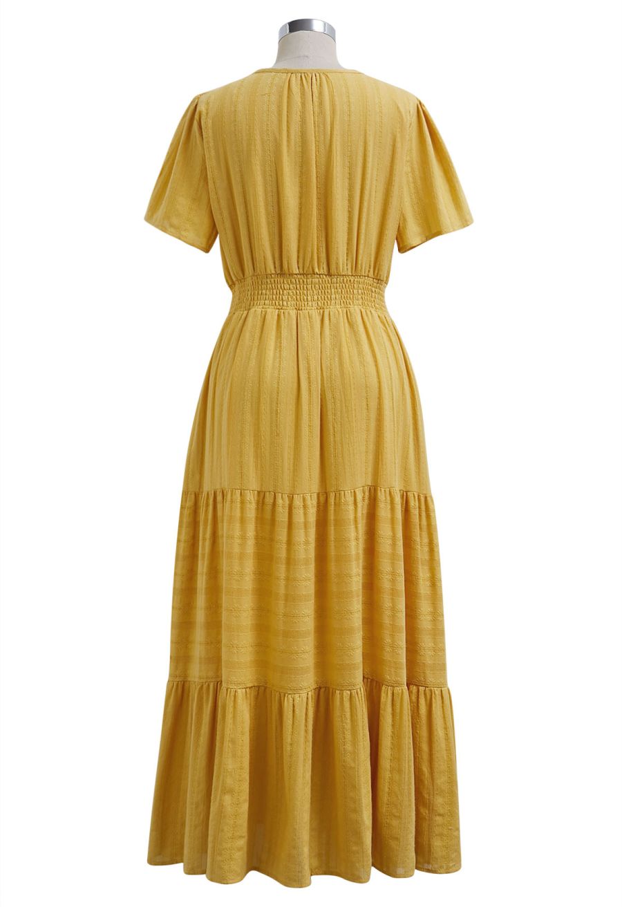 Notch Neckline Floret Eyelet Shirred Cotton Dress in Mustard