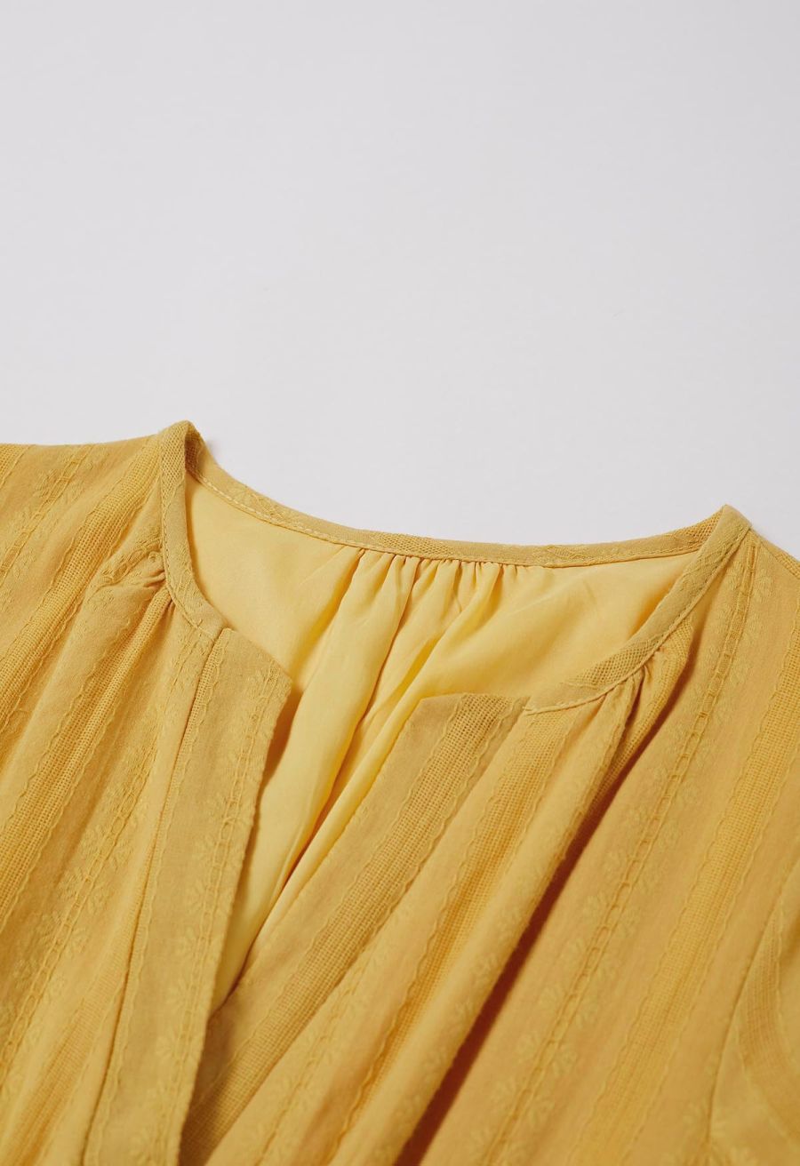Notch Neckline Floret Eyelet Shirred Cotton Dress in Mustard