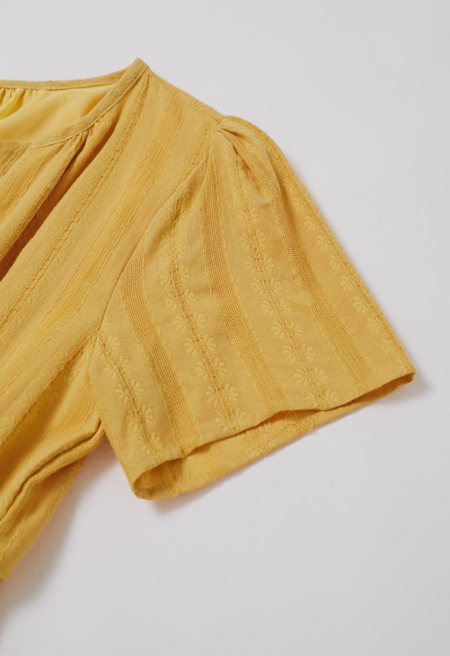 Notch Neckline Floret Eyelet Shirred Cotton Dress in Mustard