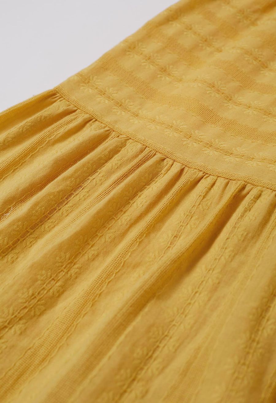 Notch Neckline Floret Eyelet Shirred Cotton Dress in Mustard
