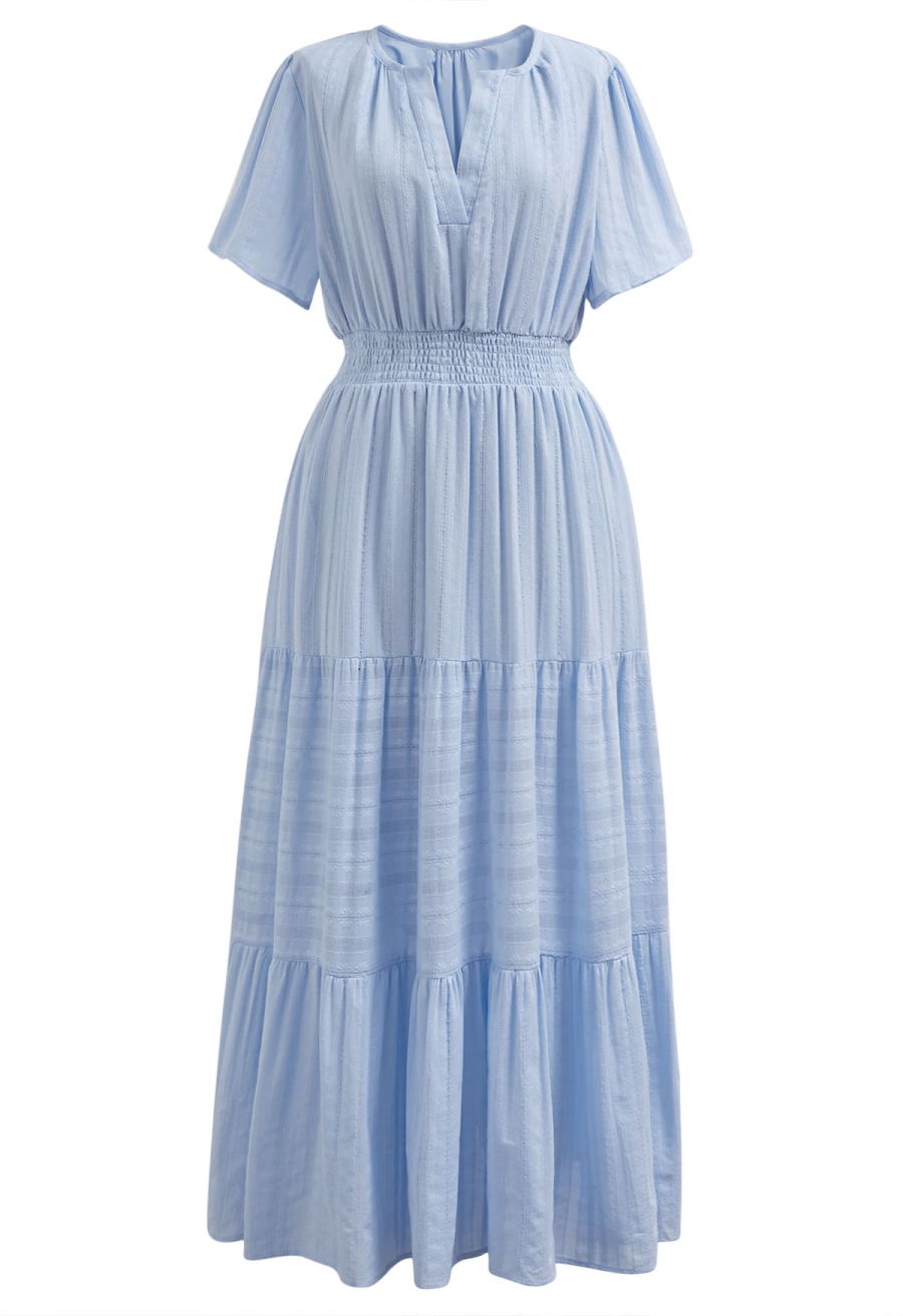 Notch Neckline Floret Eyelet Shirred Cotton Dress in Blue