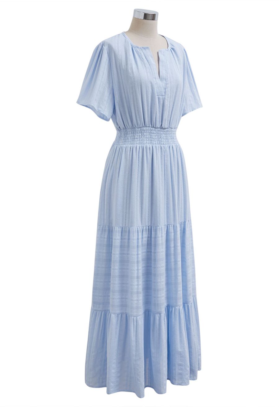 Notch Neckline Floret Eyelet Shirred Cotton Dress in Blue
