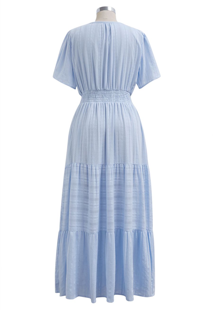 Notch Neckline Floret Eyelet Shirred Cotton Dress in Blue