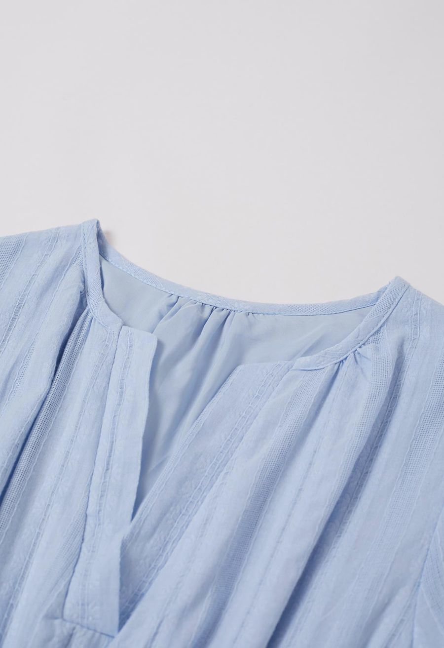 Notch Neckline Floret Eyelet Shirred Cotton Dress in Blue