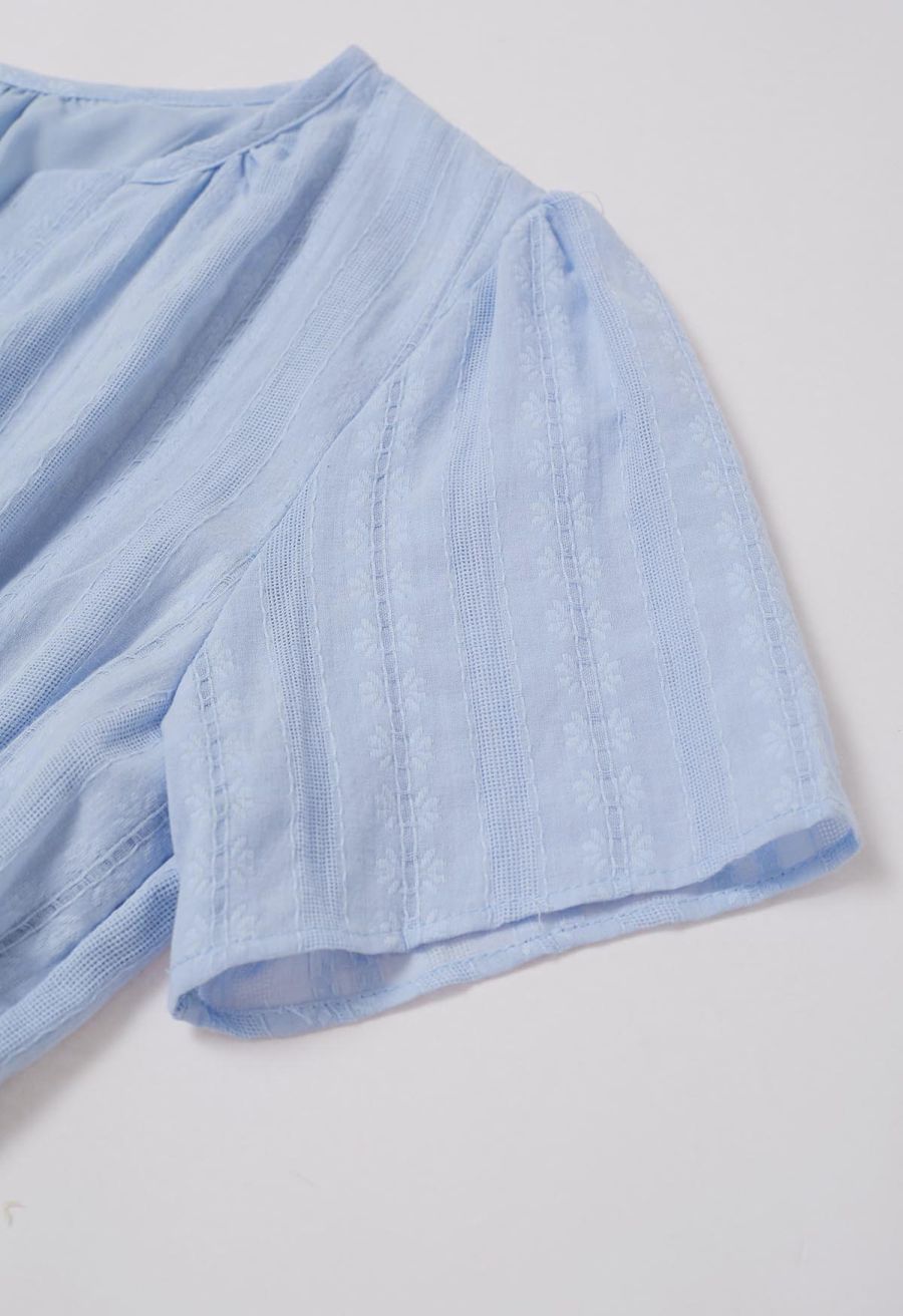 Notch Neckline Floret Eyelet Shirred Cotton Dress in Blue