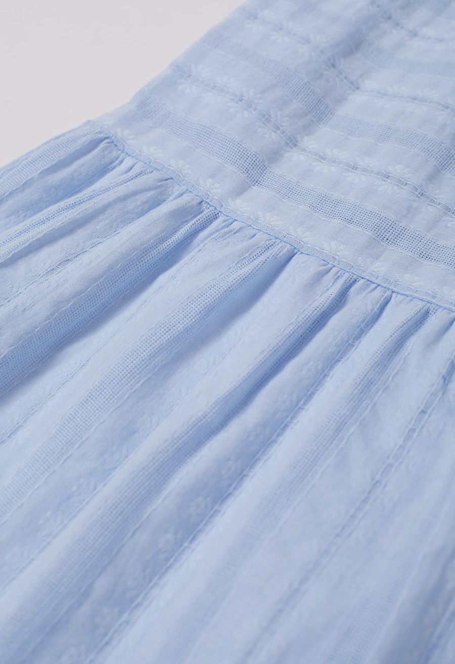 Notch Neckline Floret Eyelet Shirred Cotton Dress in Blue