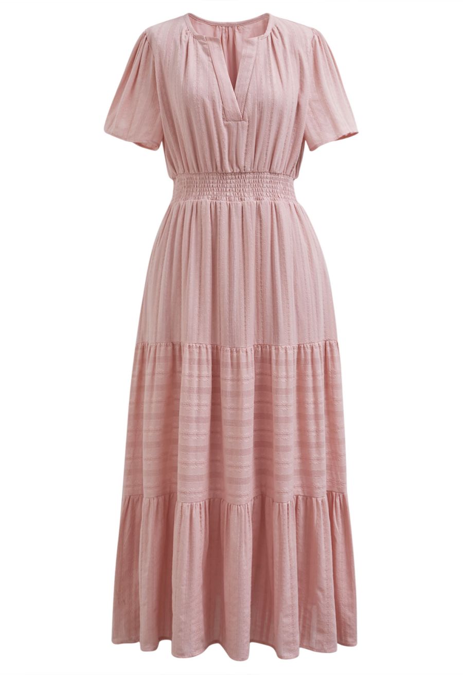 Notch Neckline Floret Eyelet Shirred Cotton Dress in Pink