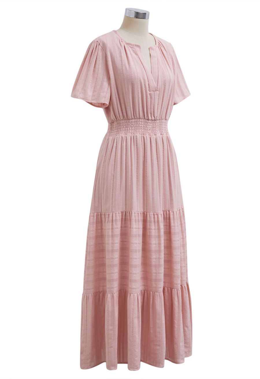 Notch Neckline Floret Eyelet Shirred Cotton Dress in Pink