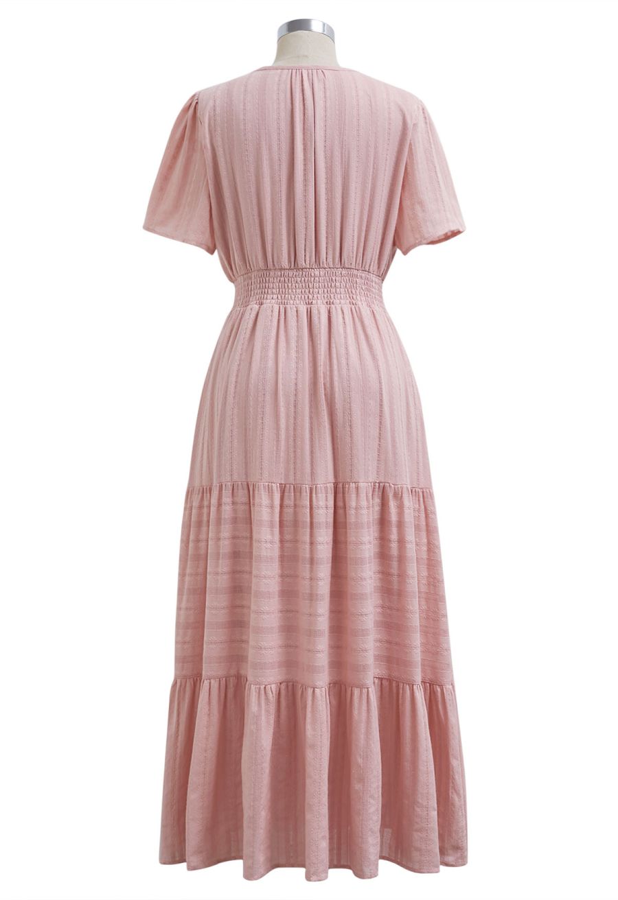 Notch Neckline Floret Eyelet Shirred Cotton Dress in Pink