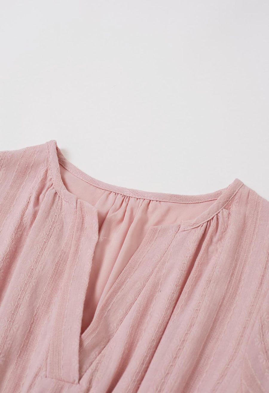 Notch Neckline Floret Eyelet Shirred Cotton Dress in Pink