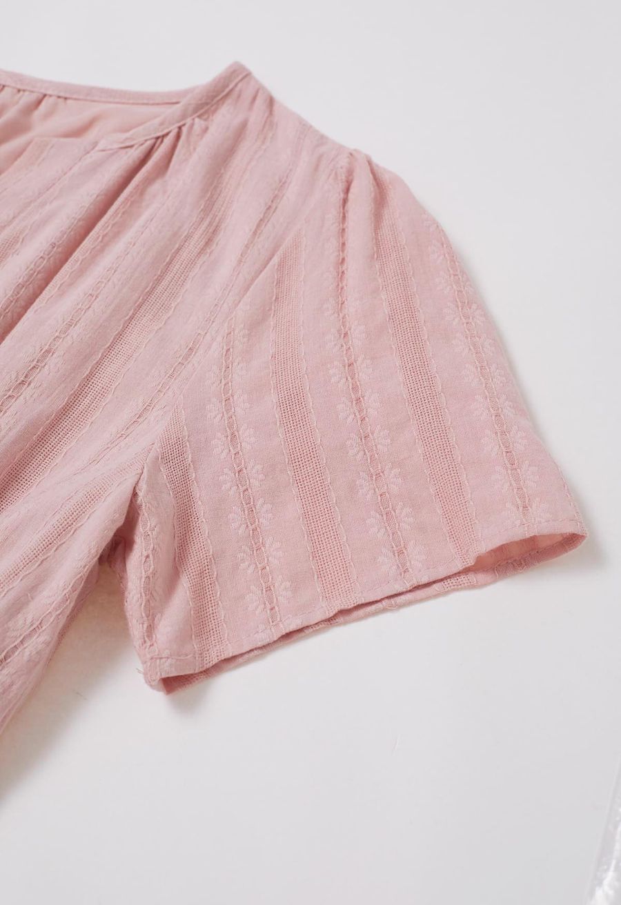 Notch Neckline Floret Eyelet Shirred Cotton Dress in Pink