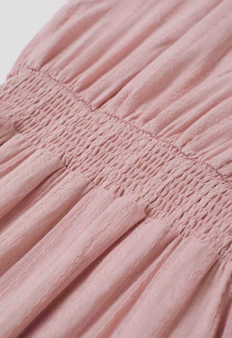 Notch Neckline Floret Eyelet Shirred Cotton Dress in Pink