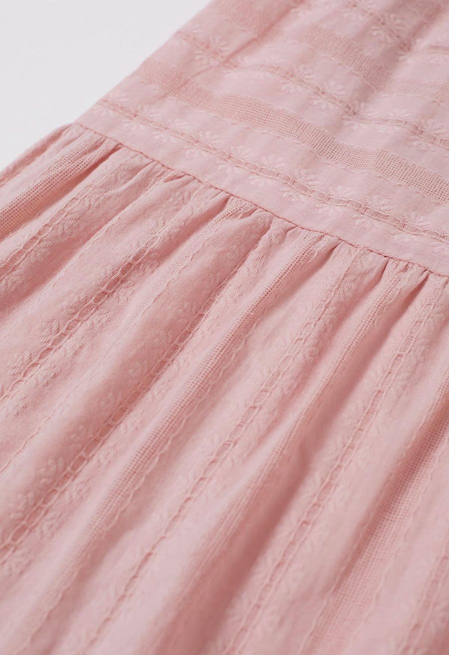 Notch Neckline Floret Eyelet Shirred Cotton Dress in Pink