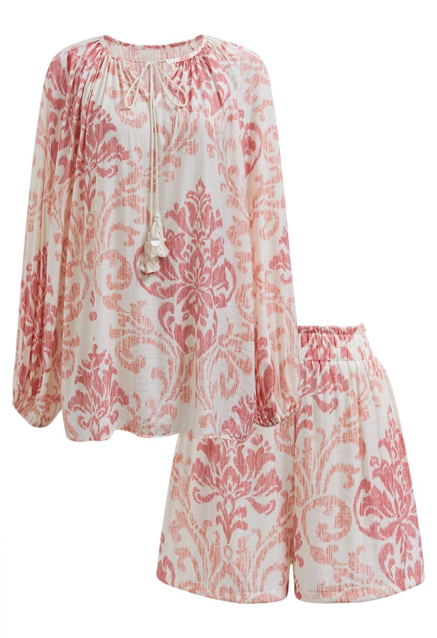 Ornate Petals Tassel String Dolly Top and Shorts Set in Coral