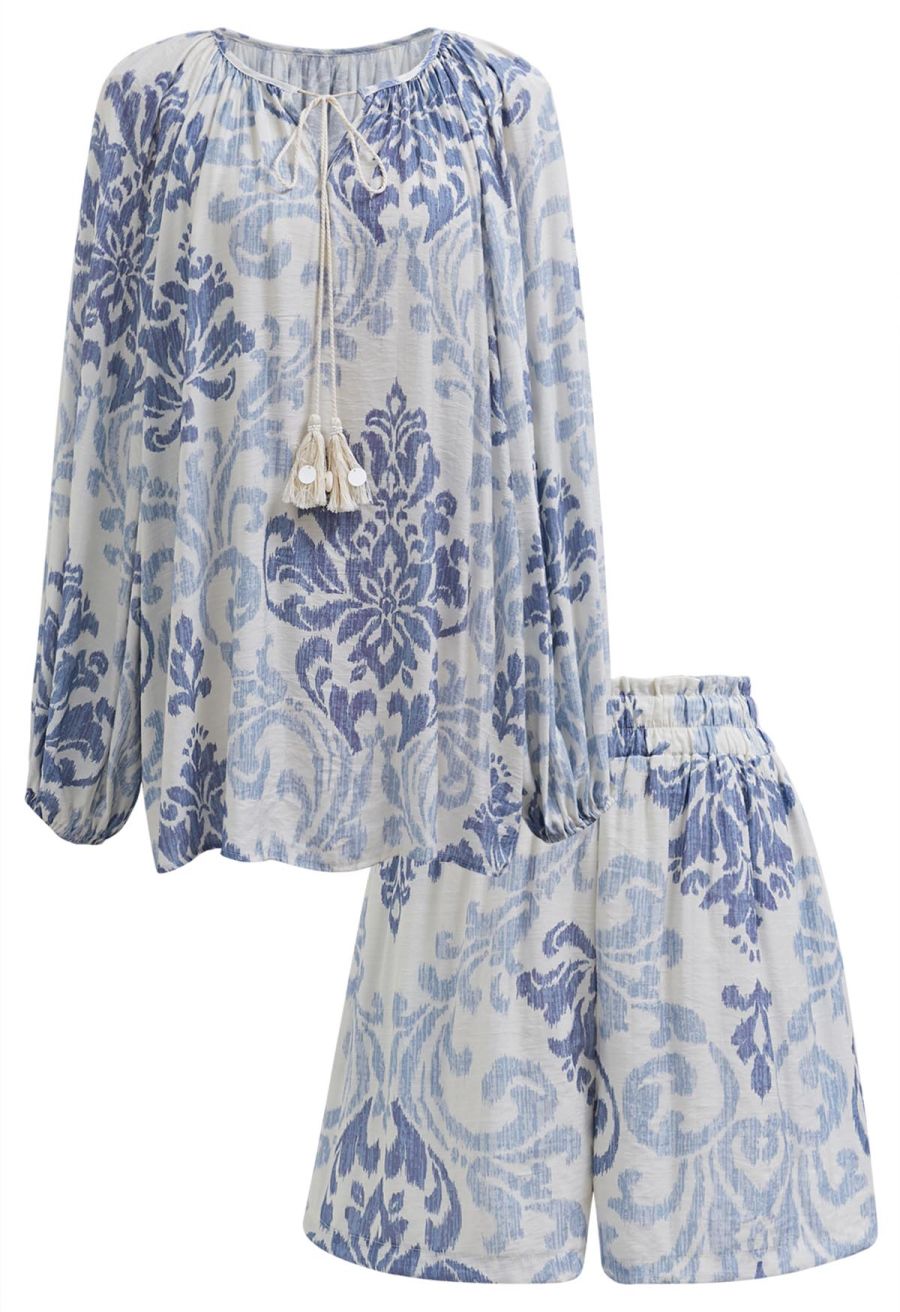 Ornate Petals Tassel String Dolly Top and Shorts Set in Blue