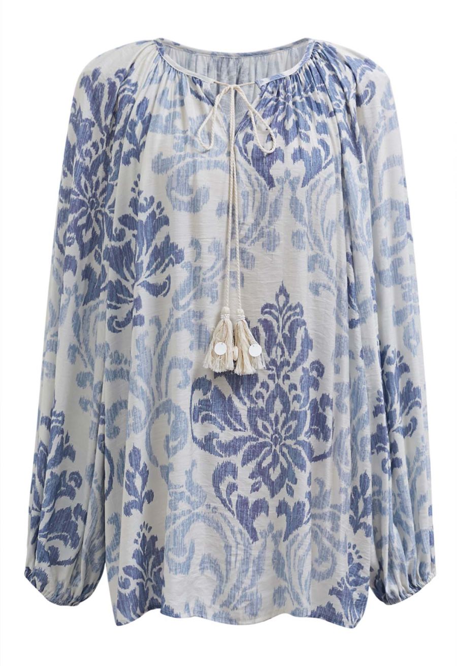 Ornate Petals Tassel String Dolly Top and Shorts Set in Blue