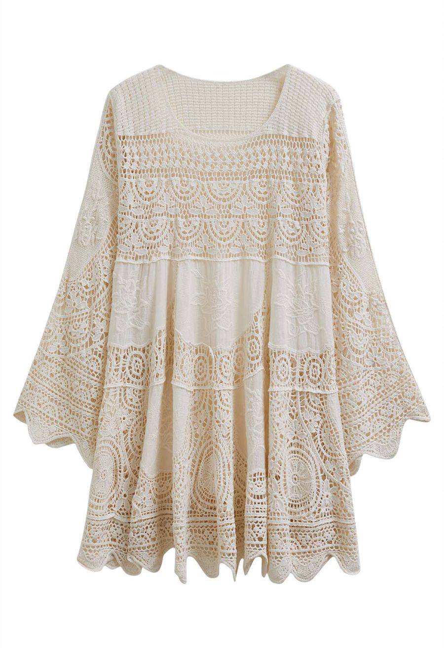 Embroidered Floral Cutwork Crochet Flare Sleeve Dress