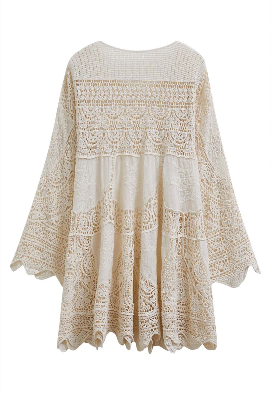 Embroidered Floral Cutwork Crochet Flare Sleeve Dress