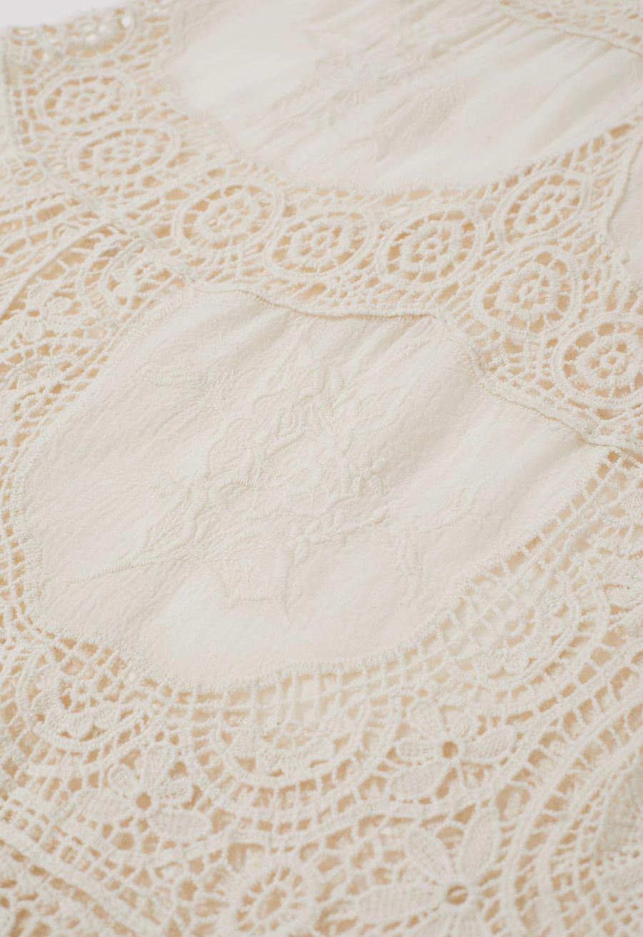 Embroidered Floral Cutwork Crochet Flare Sleeve Dress
