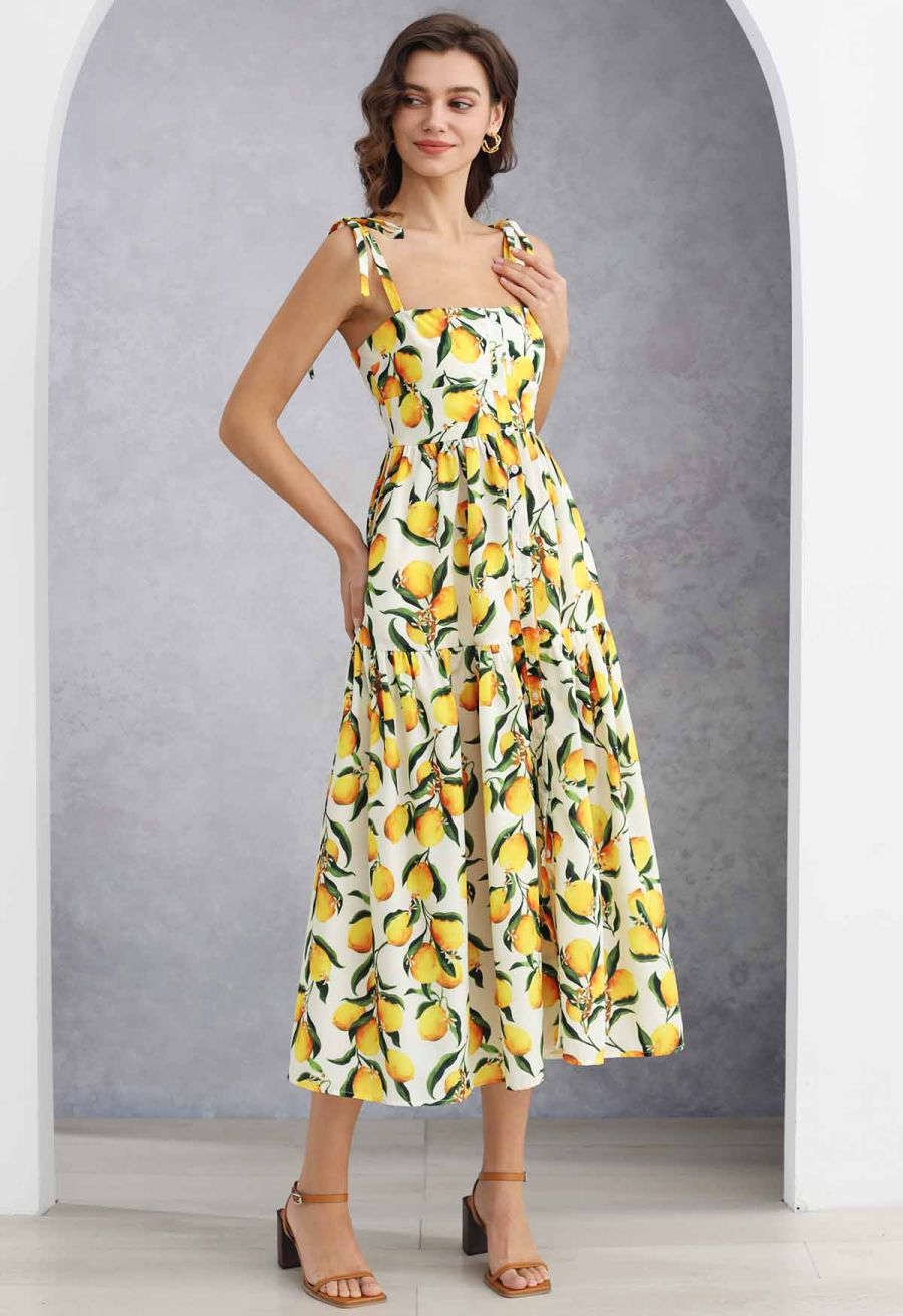 Vibrant Lemon Print Tie-Shoulder Buttoned Midi Dress