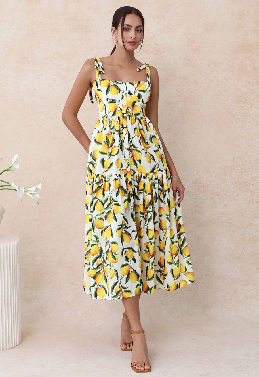 Vibrant Lemon Print Tie-Shoulder Buttoned Midi Dress