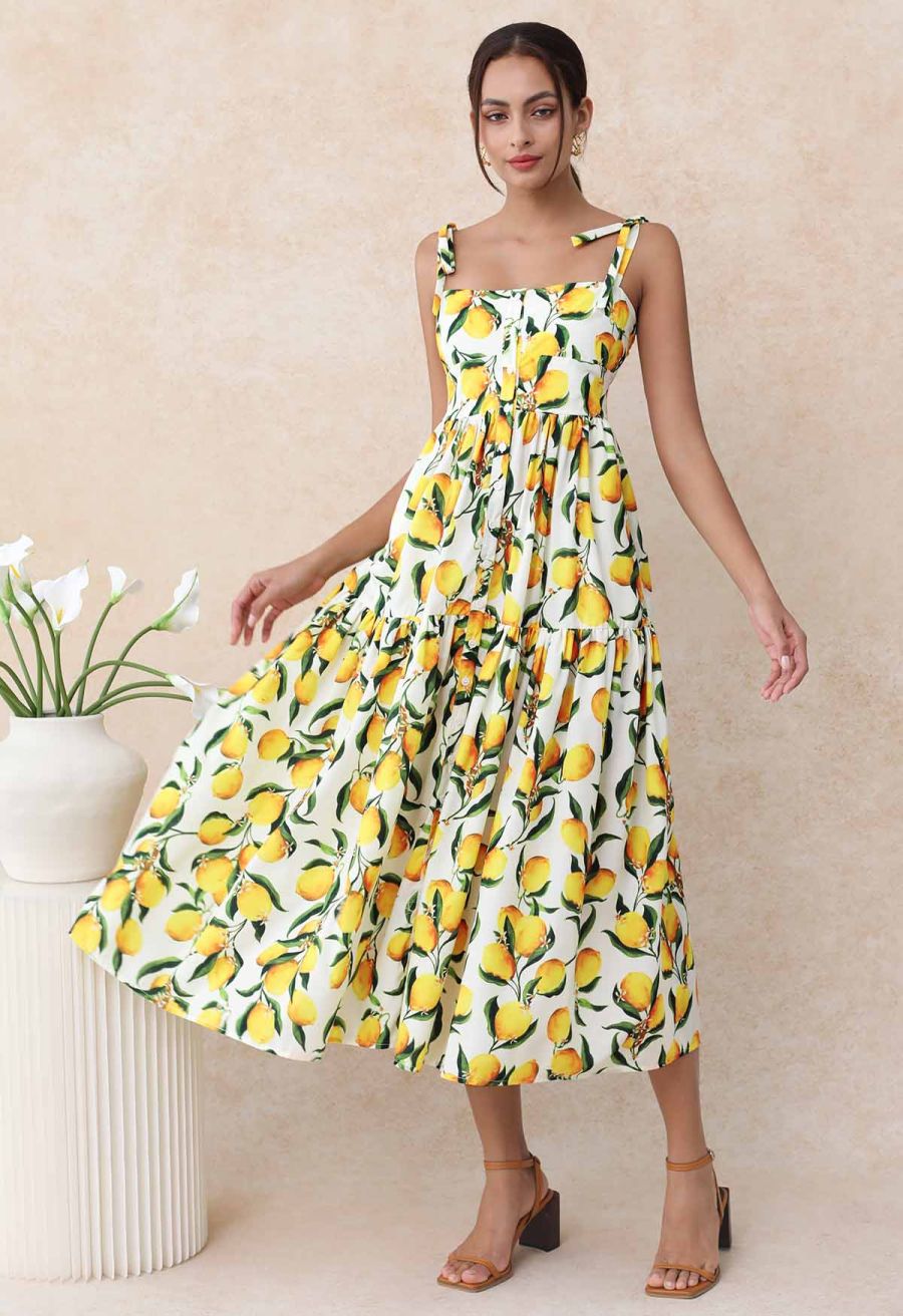Vibrant Lemon Print Tie-Shoulder Buttoned Midi Dress