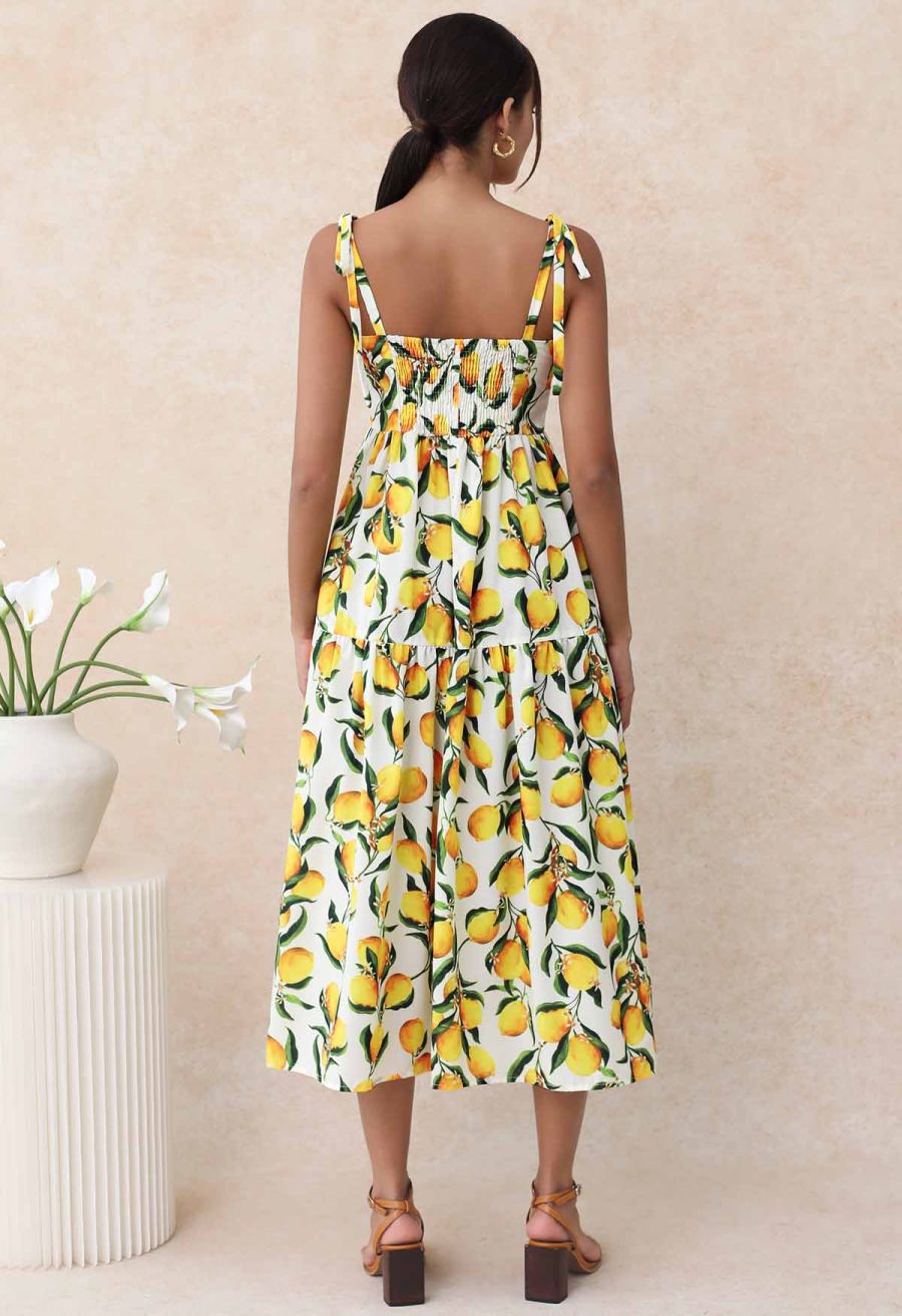 Vibrant Lemon Print Tie-Shoulder Buttoned Midi Dress