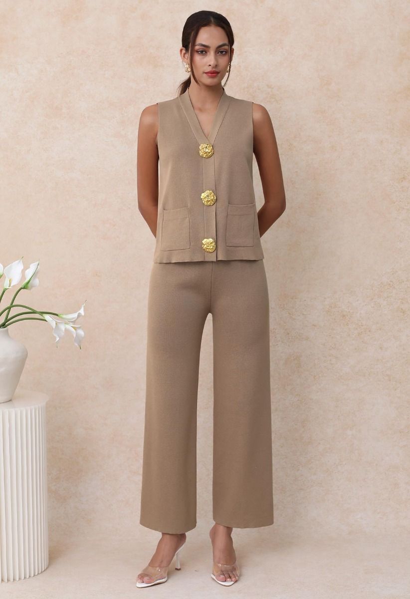 Golden Button Knit Vest and Pants Set in Camel
