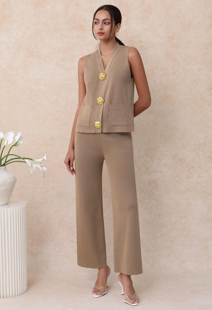 Golden Button Knit Vest and Pants Set in Camel