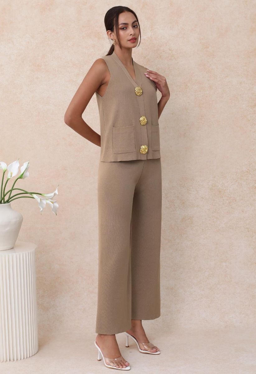 Golden Button Knit Vest and Pants Set in Camel