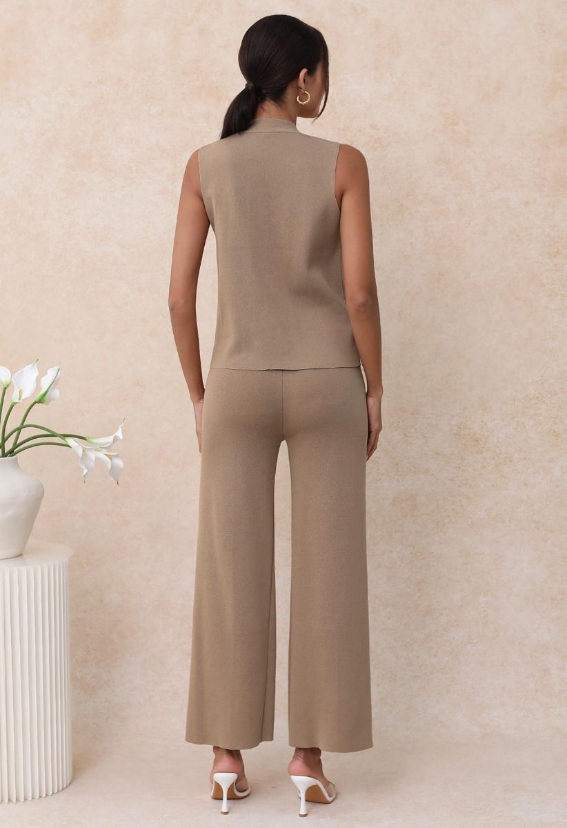 Golden Button Knit Vest and Pants Set in Camel