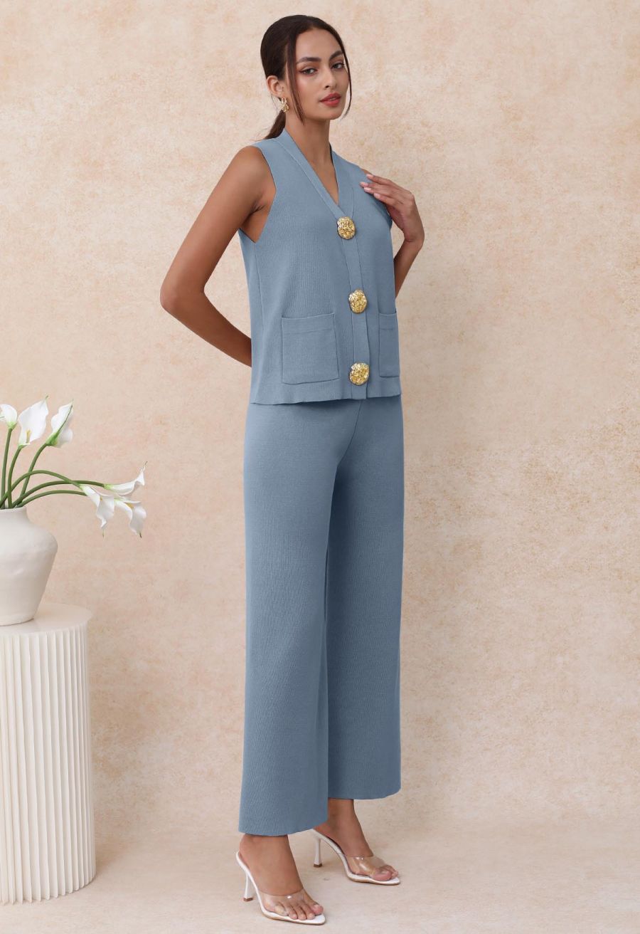 Golden Button Knit Vest and Pants Set in Blue