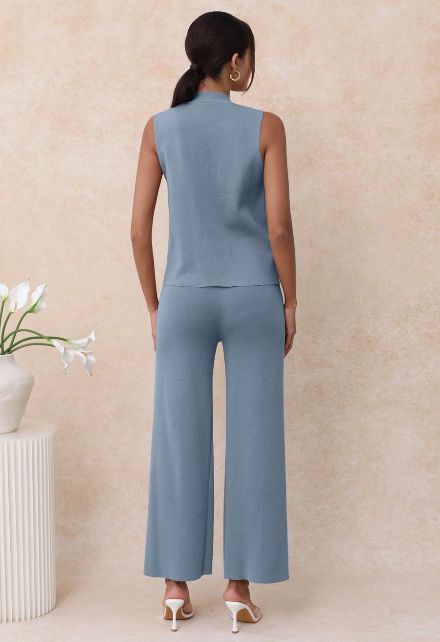 Golden Button Knit Vest and Pants Set in Blue