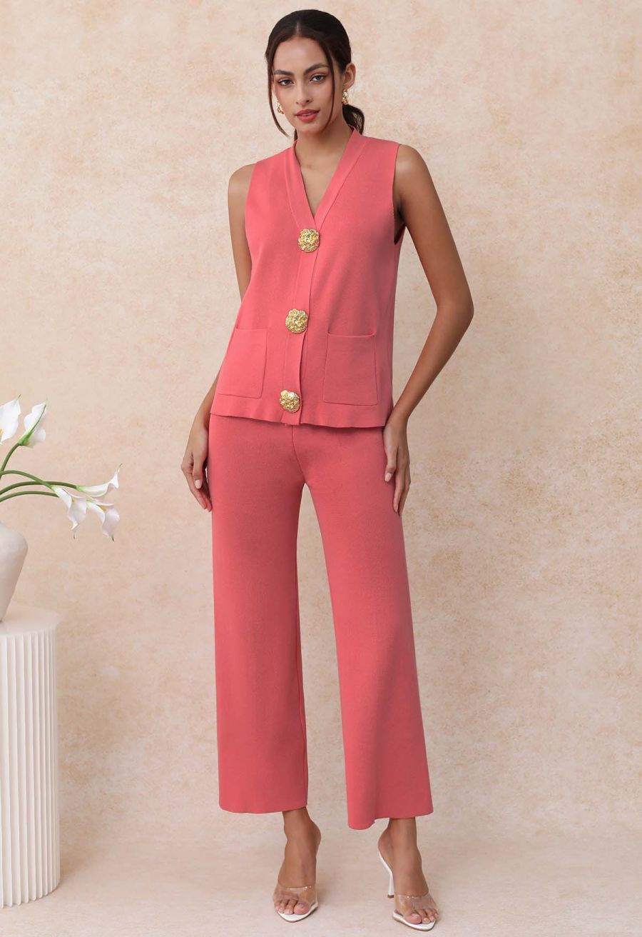 Golden Button Knit Vest and Pants Set in Coral