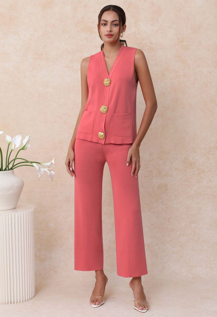 Golden Button Knit Vest and Pants Set in Coral