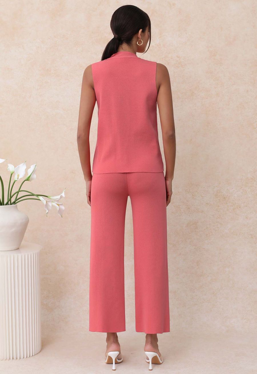 Golden Button Knit Vest and Pants Set in Coral