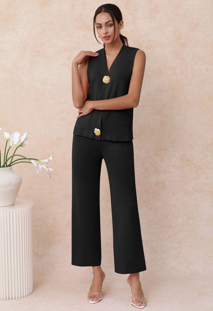 Golden Button Knit Vest and Pants Set in Black