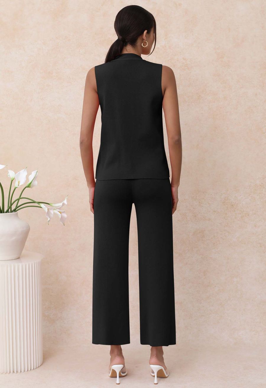 Golden Button Knit Vest and Pants Set in Black