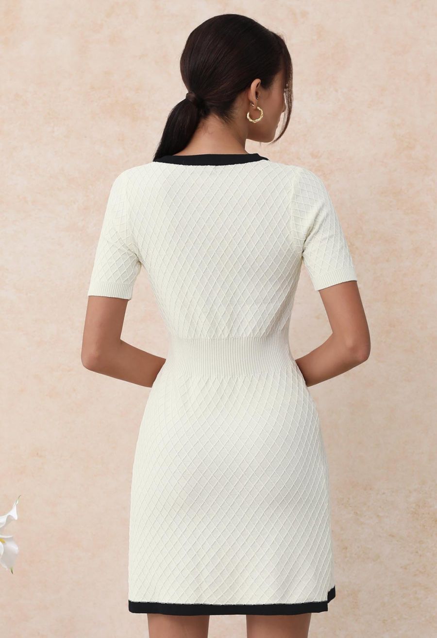 Contrast Bowknot Pearl Button Grid Knit Mini Dress