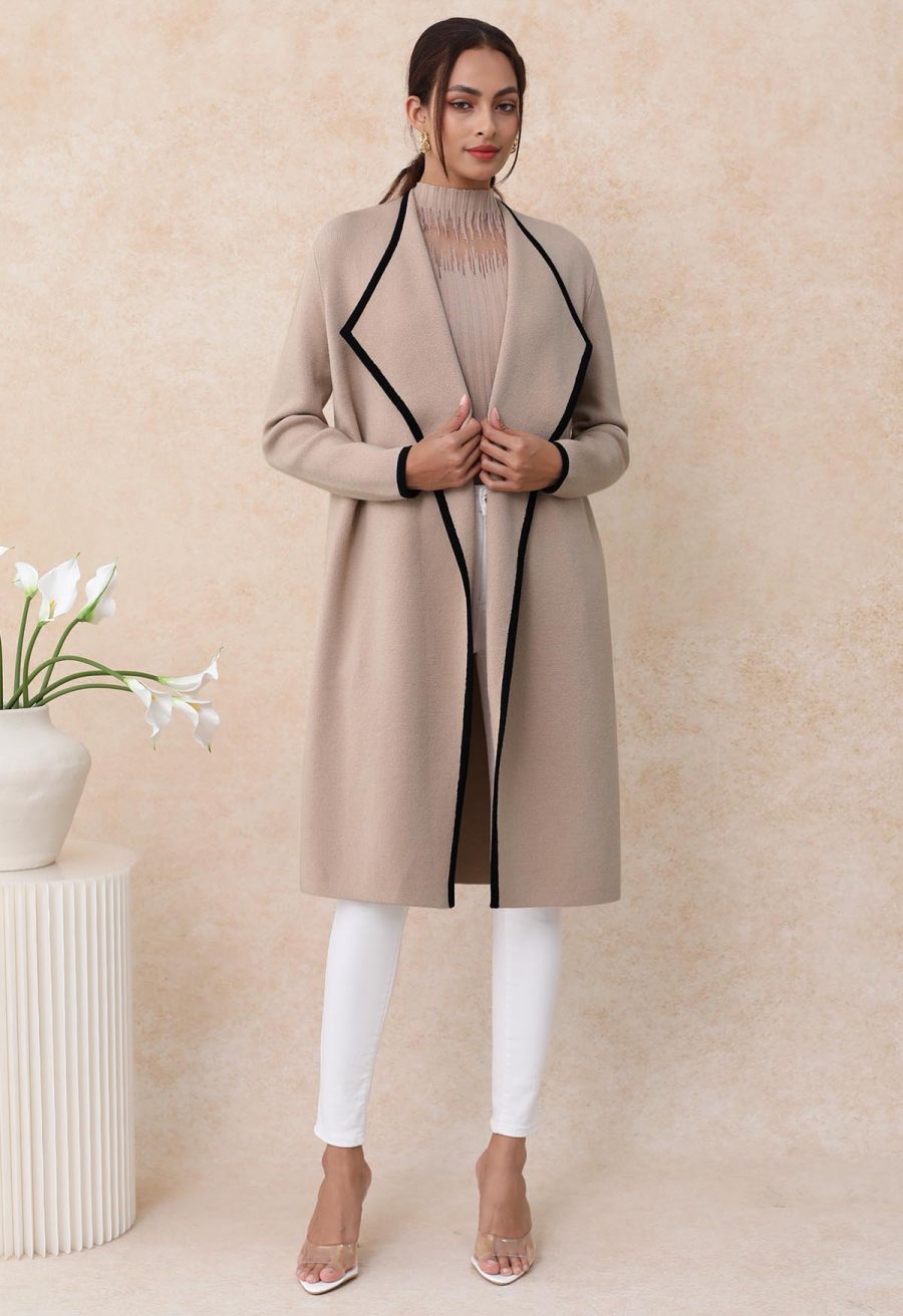 Contrast Edge Open Front Knit Coat in Camel