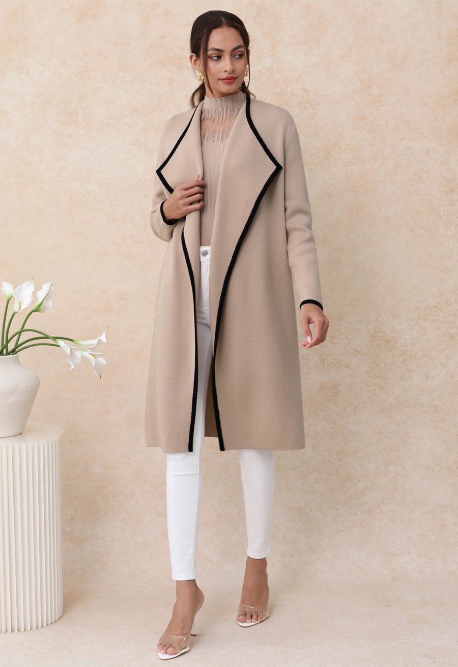 Contrast Edge Open Front Knit Coat in Camel