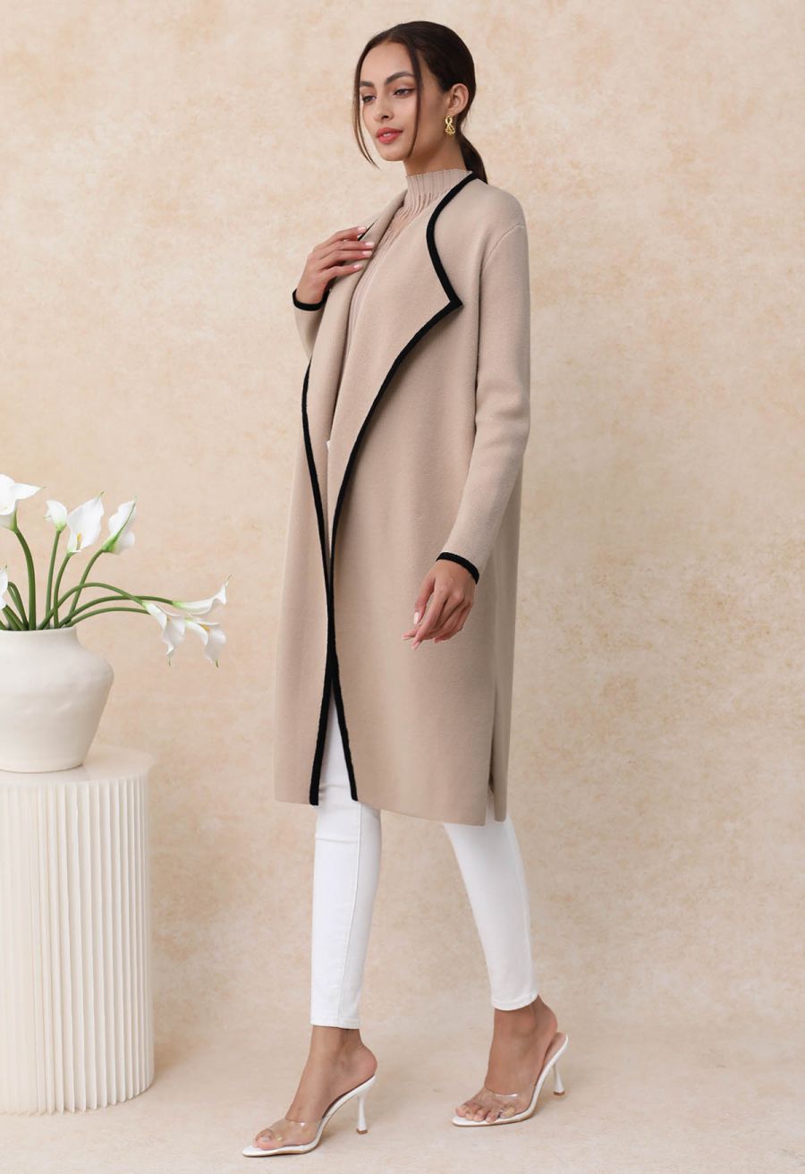 Contrast Edge Open Front Knit Coat in Camel